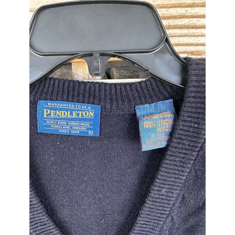 Pendleton‎ Sweater Men Large Navy Blue Cable Knit 100% Lambswool V Neck